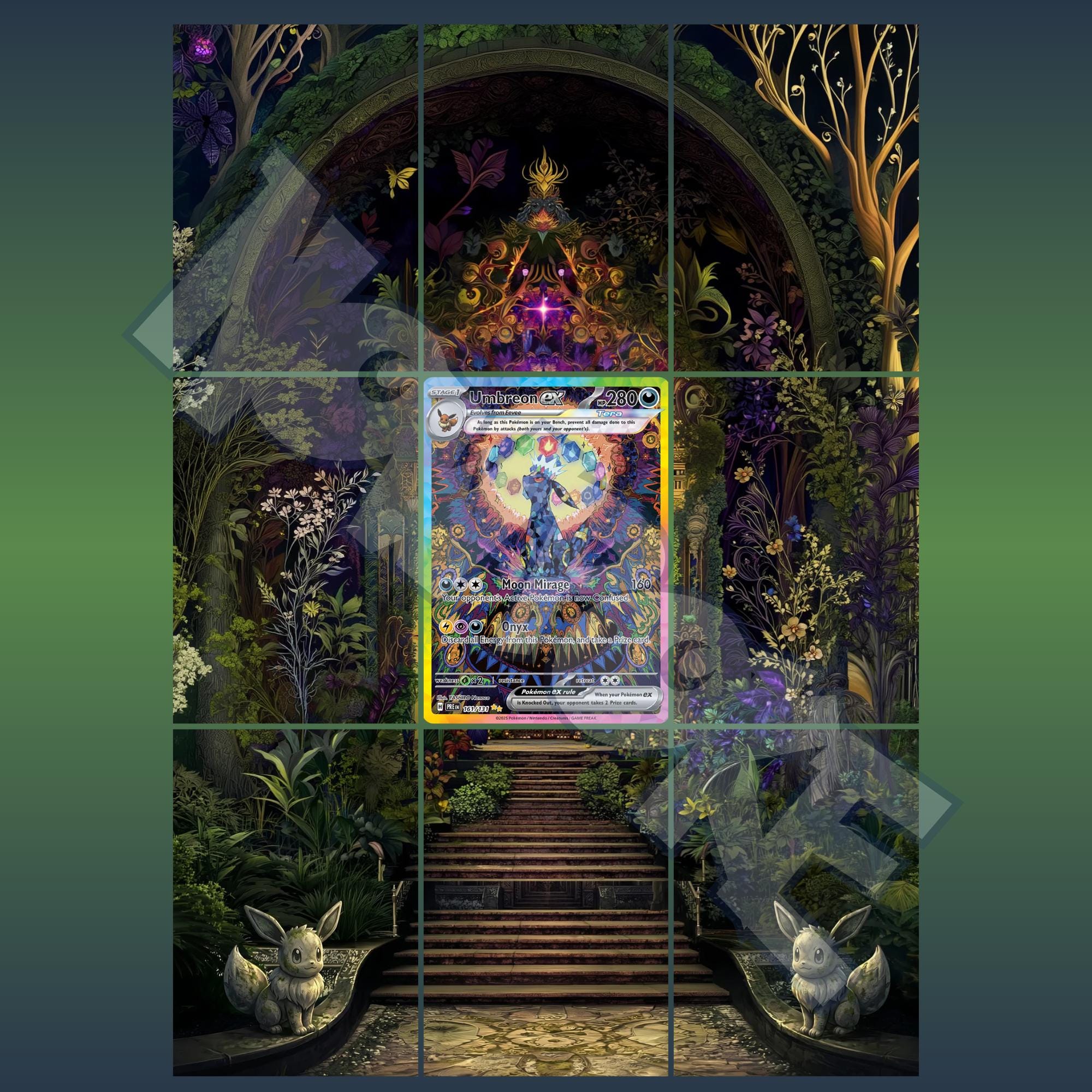 Umbreon card displayed in magical extended binder artwork, styled as premium extended binder art for Pokémon collectors. Shows what you will receive as a PDF to download and print.