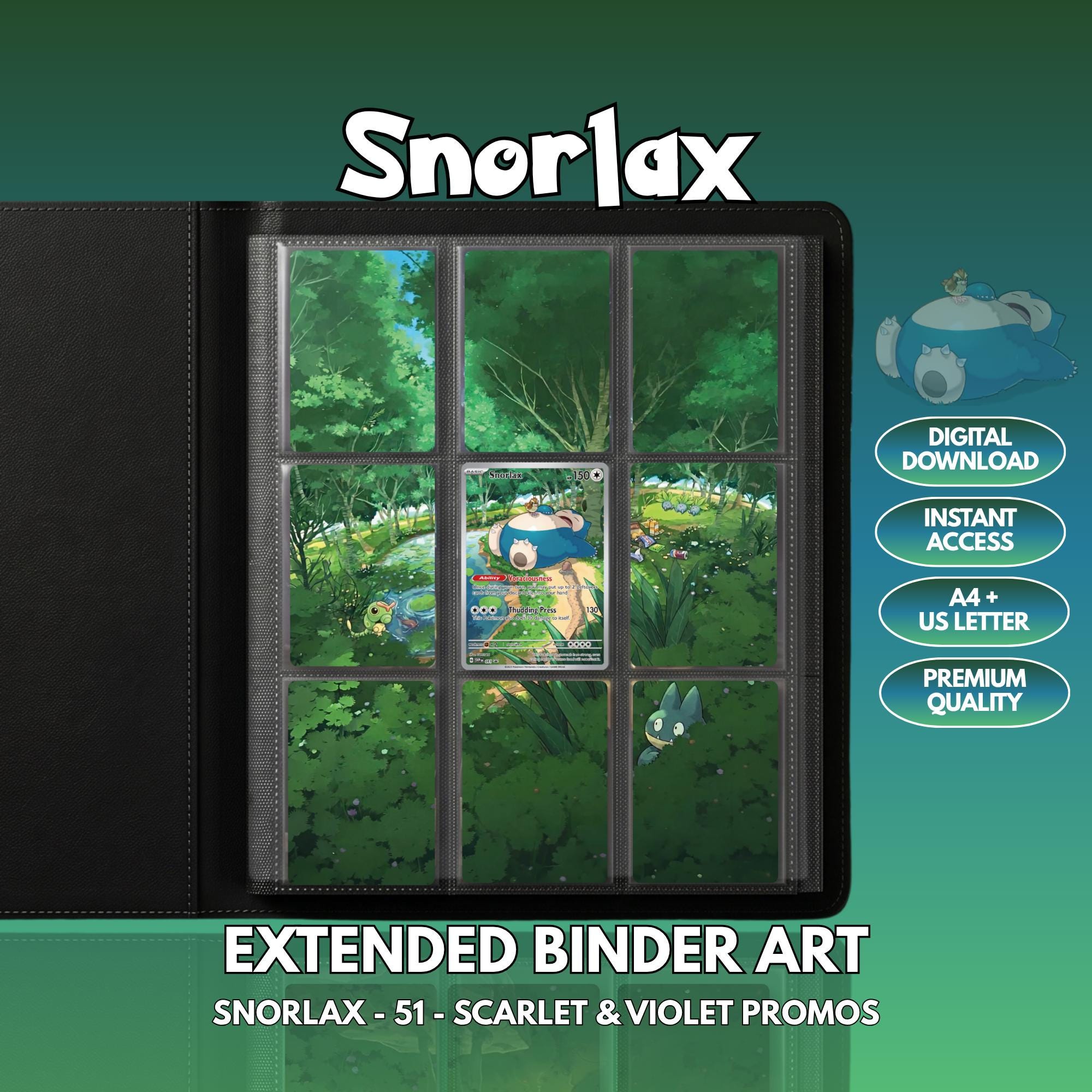 Extended binder art cover featuring Snorlax Card in a 3×3 binder layout, with framed artwork accents and digital download labels.