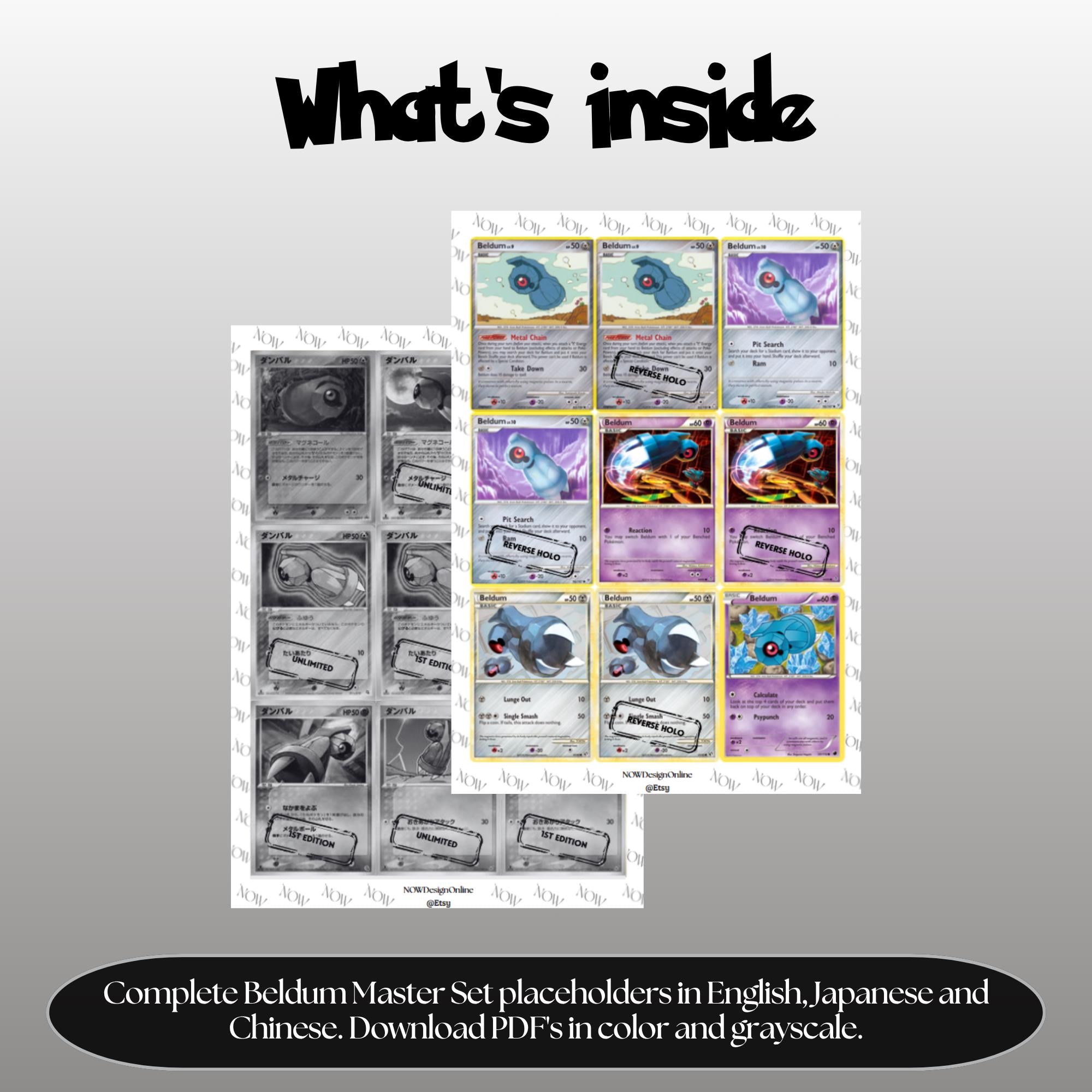 Beldum binder pages set overview showing the included Pokémon cards to print and cut for your binder sleeves.