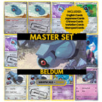 Beldum binder pages set showing grayscale and color Pokémon cards, designed as a digital download to complete a collector’s binder.
