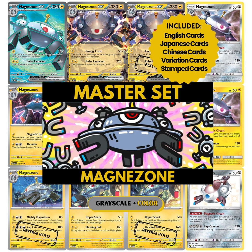 Magnezone binder pages set showing grayscale and color Pokémon cards, designed as a digital download to complete a collector’s binder.
