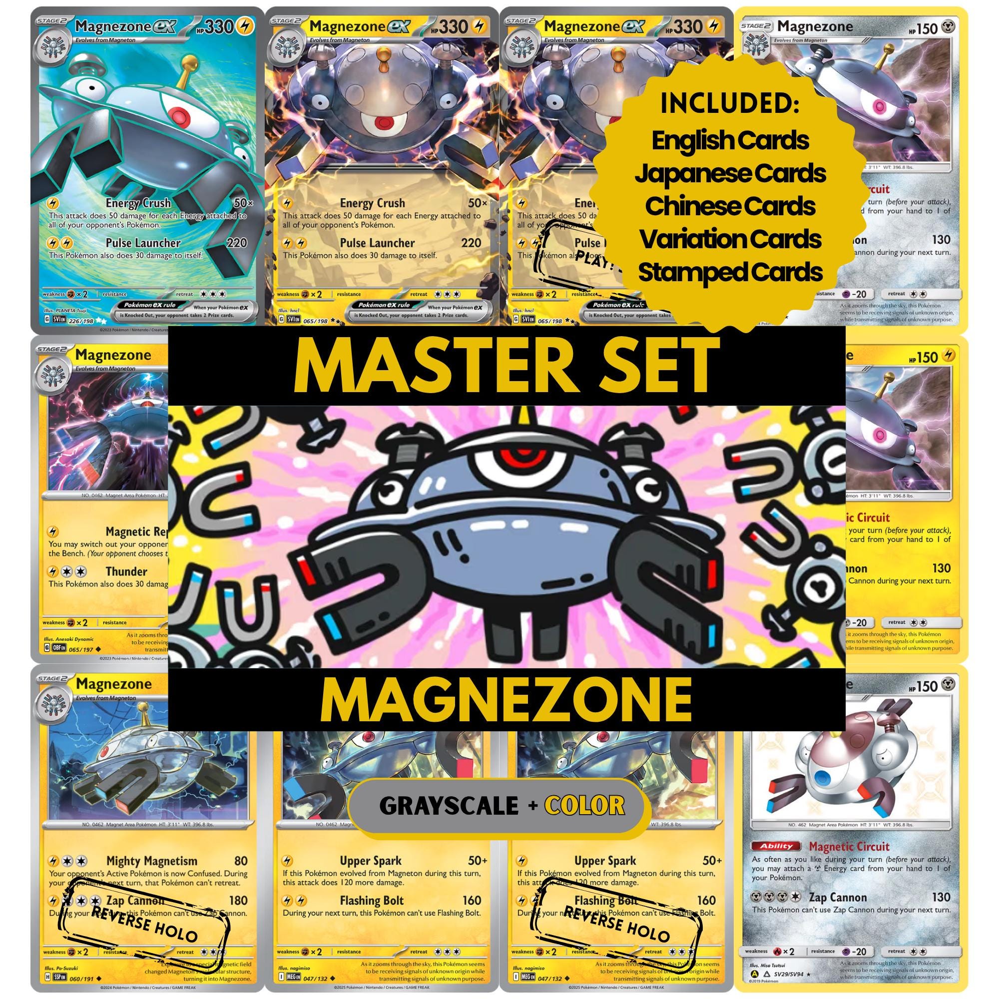 Magnezone binder pages set showing grayscale and color Pokémon cards, designed as a digital download to complete a collector’s binder.