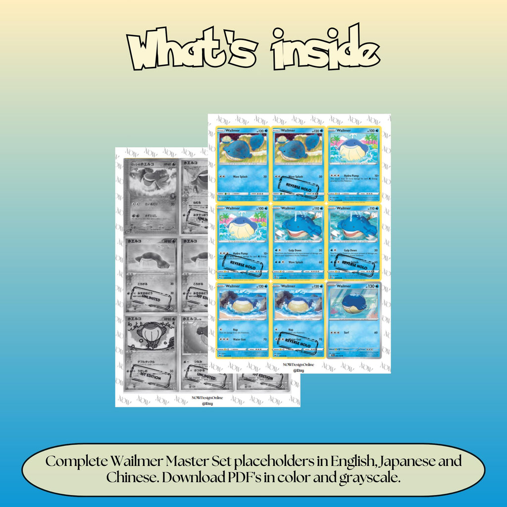 Wailmer binder pages set overview showing the included Pokémon cards to print and cut for your binder sleeves.