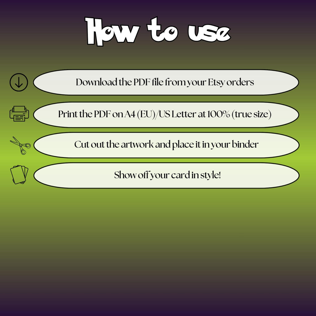 3.	How to use instructions for printable Gengar extended binder art, showing steps for downloading, printing, cutting and inserting the artwork to your binder.
