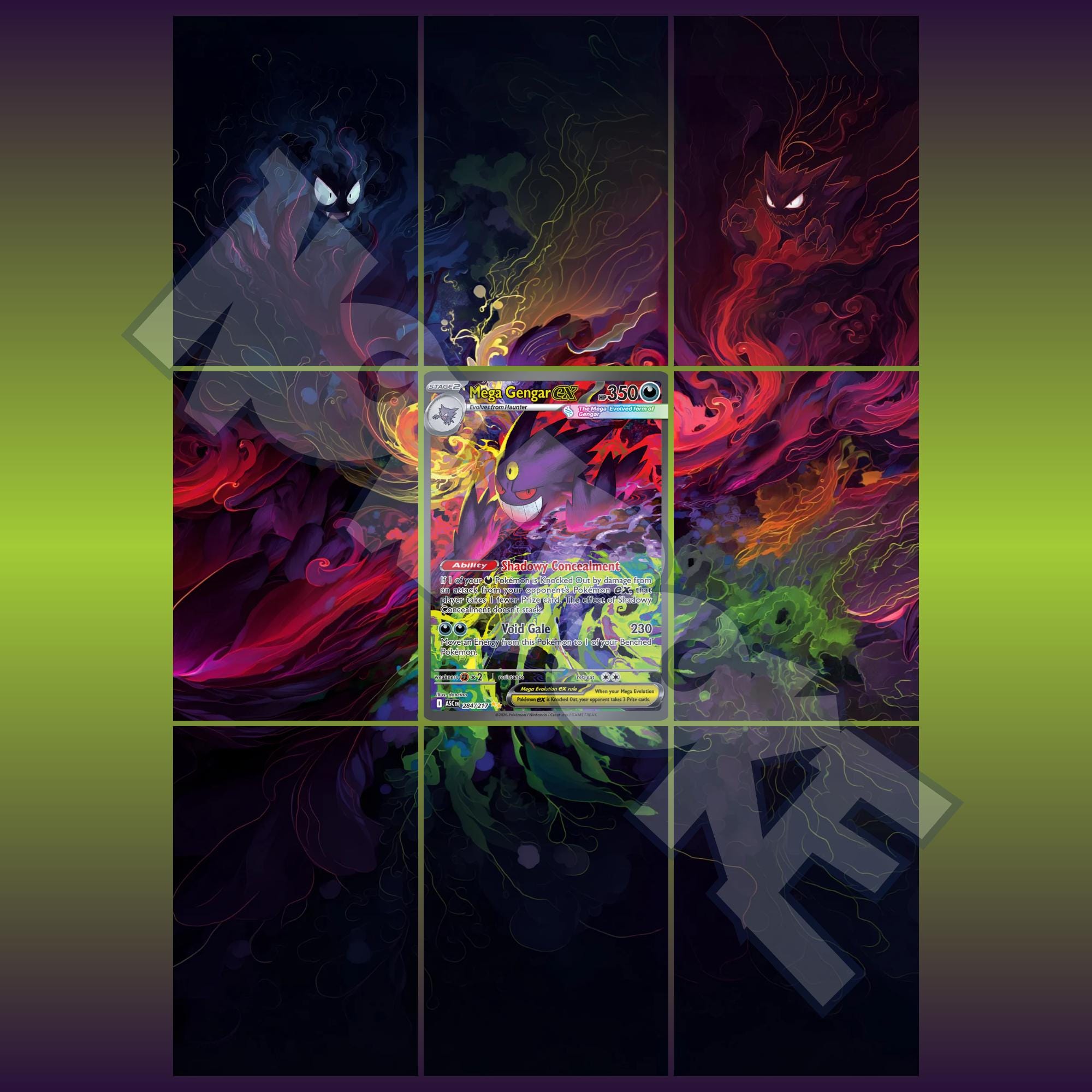 Gengar card displayed in extended binder artwork, styled as premium extended binder art for Pokémon collectors. Shows what you will receive as a PDF to download and print.