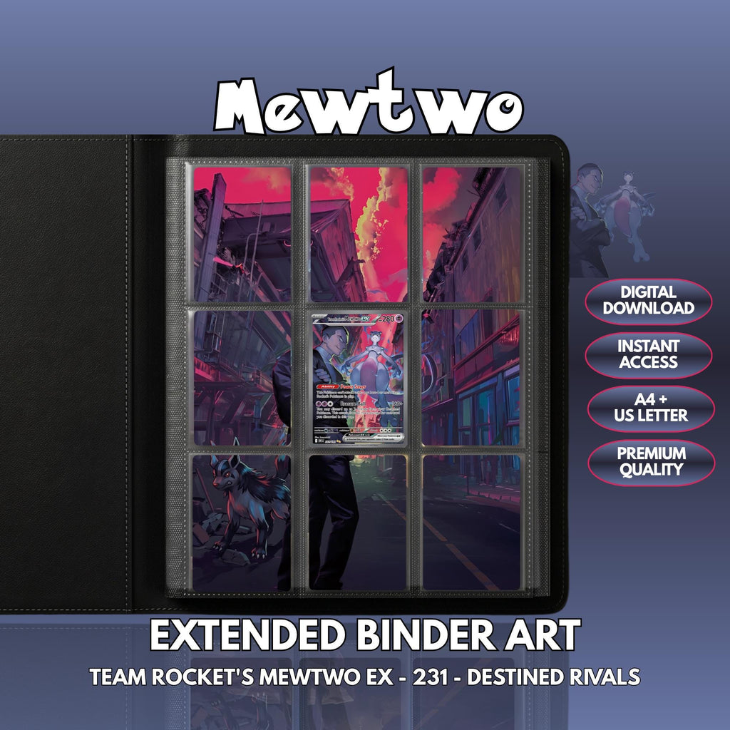 Extended binder art cover featuring Mewtwo Card in a 3×3 binder layout, with framed artwork accents and digital download labels.