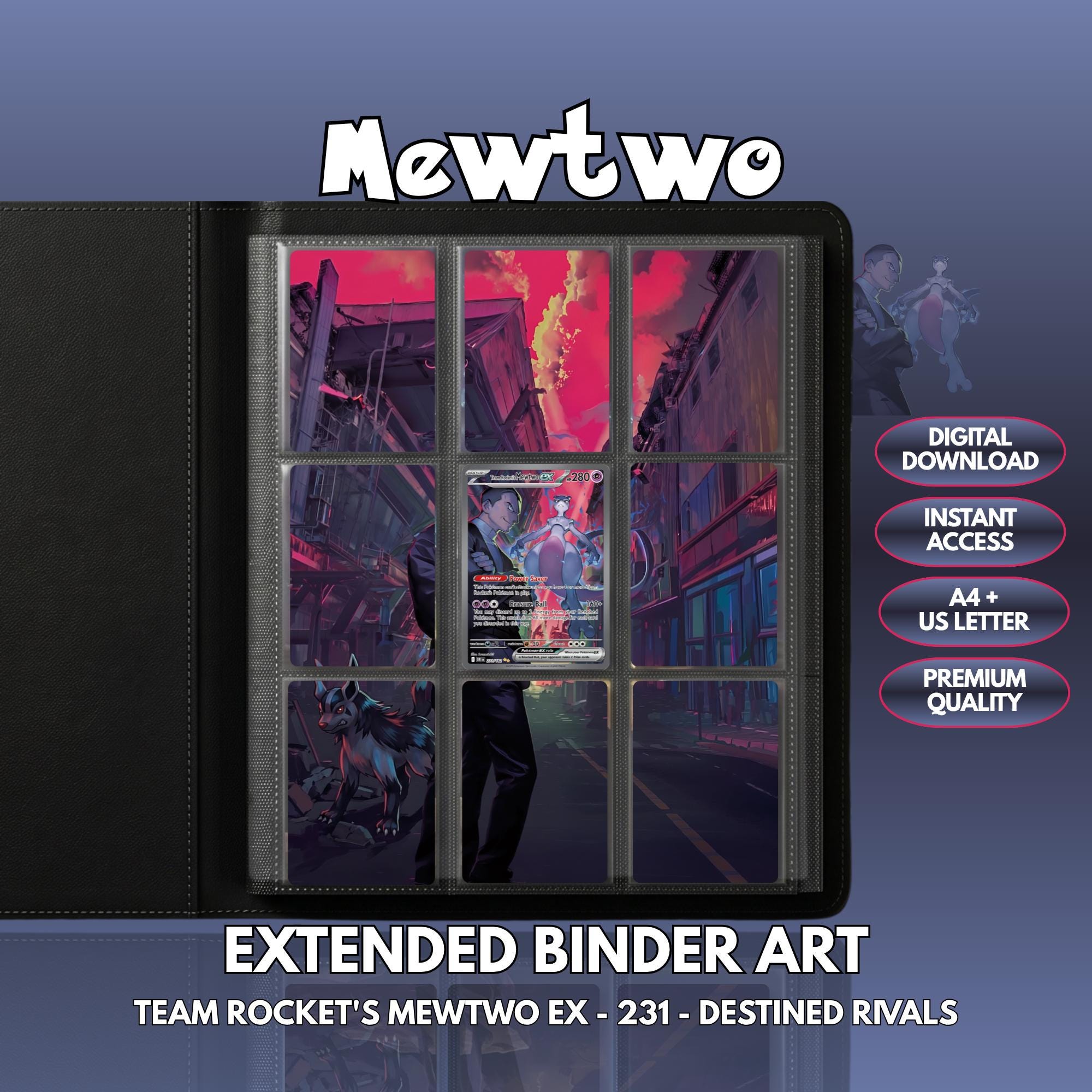 Extended binder art cover featuring Mewtwo Card in a 3×3 binder layout, with framed artwork accents and digital download labels.