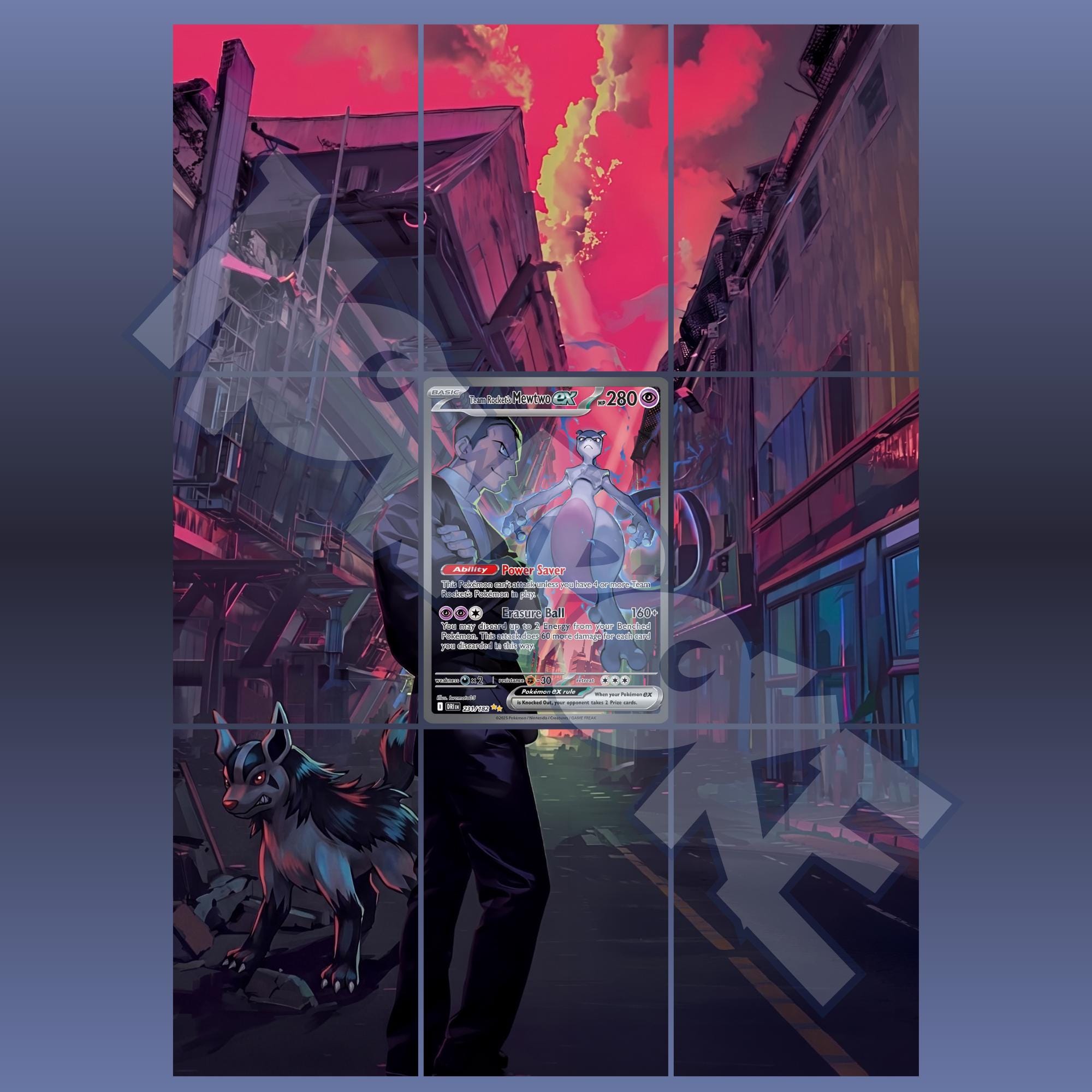 Mewtwo card displayed in extended binder artwork, styled as premium extended binder art for Pokémon collectors. Shows what you will receive as a PDF to download and print.