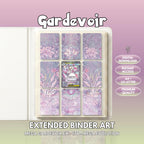 Extended binder art cover featuring Mega Gardevoir Card in a 3×3 binder layout, with framed artwork accents and digital download labels.