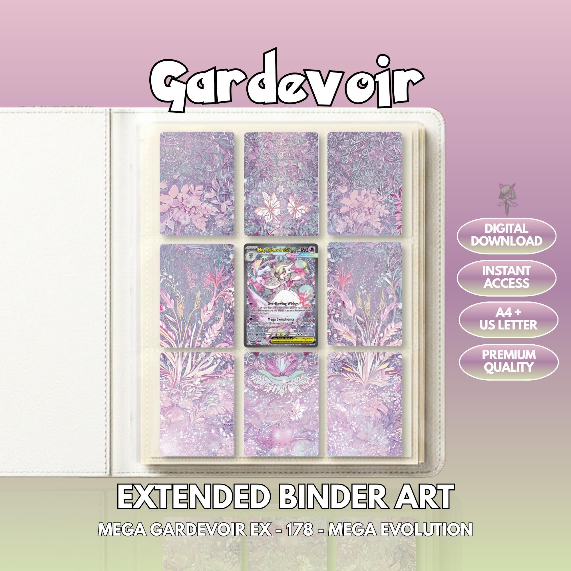 Extended binder art cover featuring Mega Gardevoir Card in a 3×3 binder layout, with framed artwork accents and digital download labels.