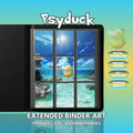 Extended binder art cover featuring Psyduck Card in a 3×3 binder layout, with framed artwork accents and digital download labels.