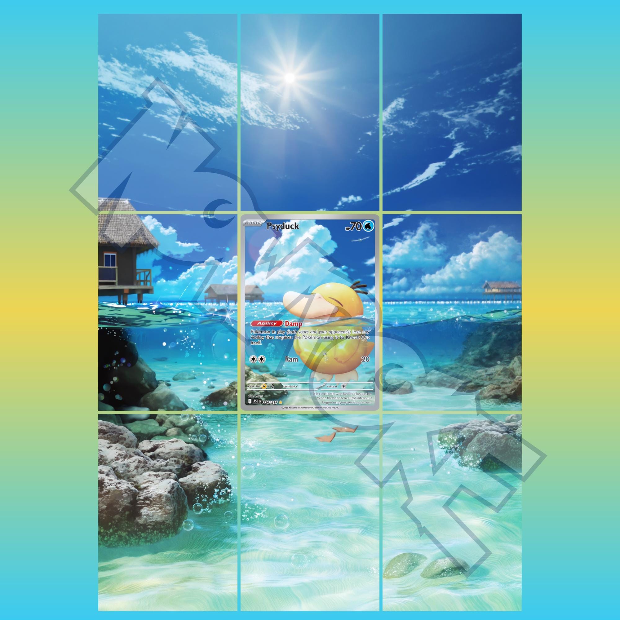 Psyduck card displayed in extended binder artwork, styled as premium extended binder art for Pokémon collectors. Shows what you will receive as a PDF to download and print.