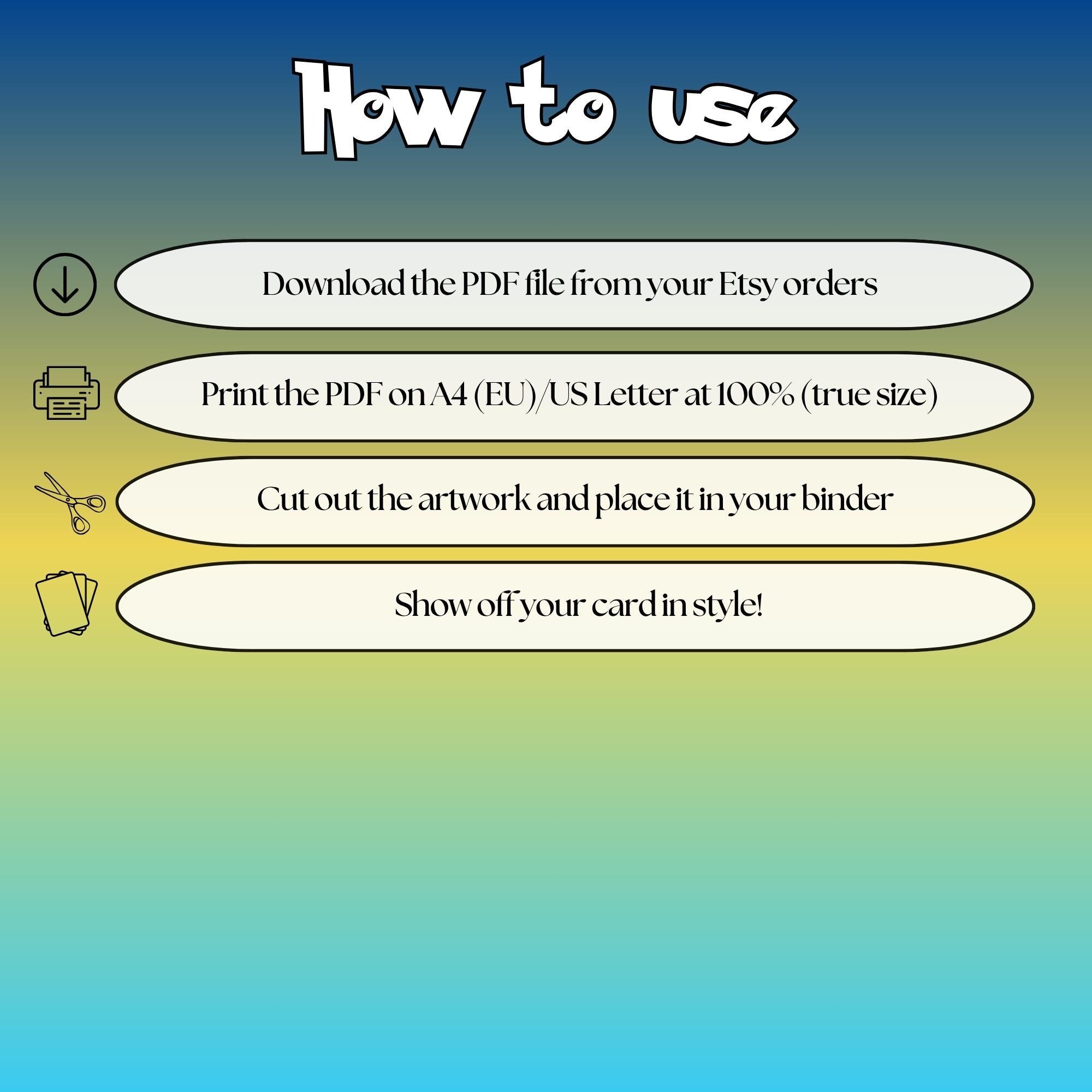 How to use instructions for printable Psyduck extended binder art, showing steps for downloading, printing, cutting and inserting the artwork to your binder.