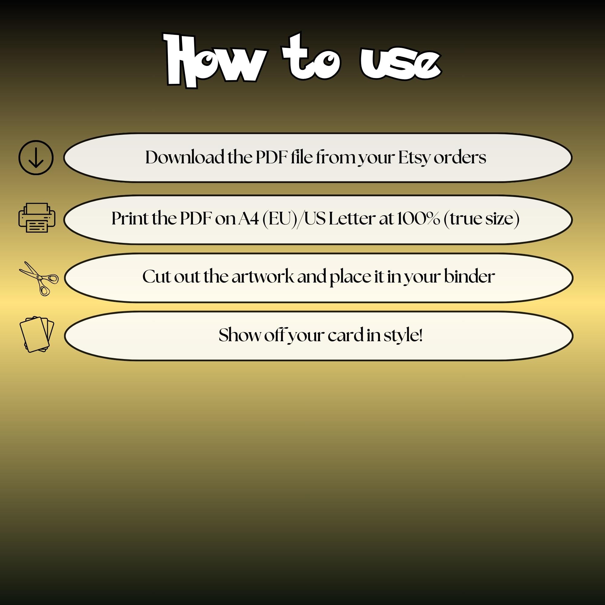 How to use instructions for printable Magneton extended binder art, showing steps for downloading, printing, cutting and inserting the artwork to your binder.