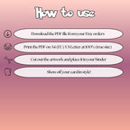 How to use instructions for printable Mew extended binder art, showing steps for downloading, printing, cutting and inserting the artwork to your binder.