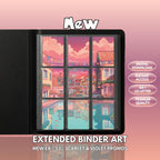 Extended binder art cover featuring Mew Card in a 3×3 binder layout, with framed artwork accents and digital download labels.