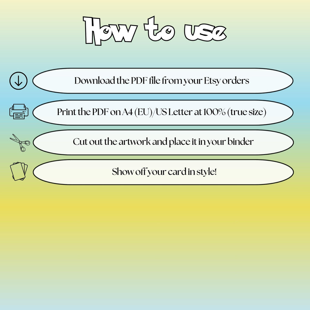 How to use instructions for printable Pikachu extended binder art, showing steps for downloading, printing, cutting and inserting the artwork to your binder.