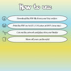 How to use instructions for printable Pikachu extended binder art, showing steps for downloading, printing, cutting and inserting the artwork to your binder.