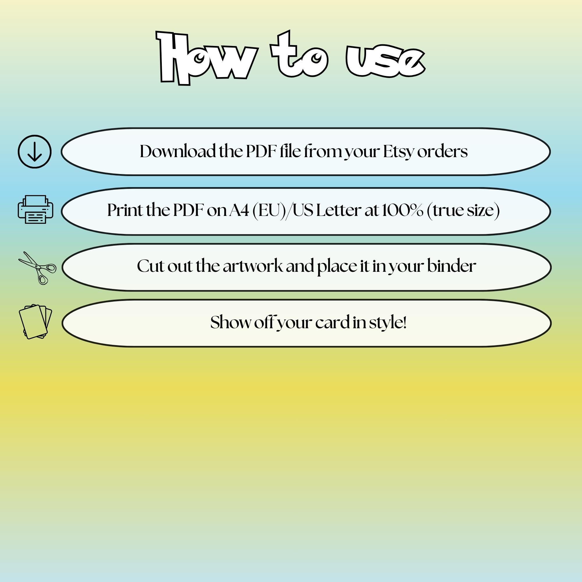 How to use instructions for printable Pikachu extended binder art, showing steps for downloading, printing, cutting and inserting the artwork to your binder.