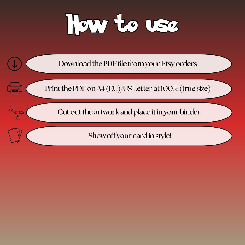 How to use instructions for printable Scizor extended binder art, showing steps for downloading, printing, cutting and inserting the artwork to your binder.