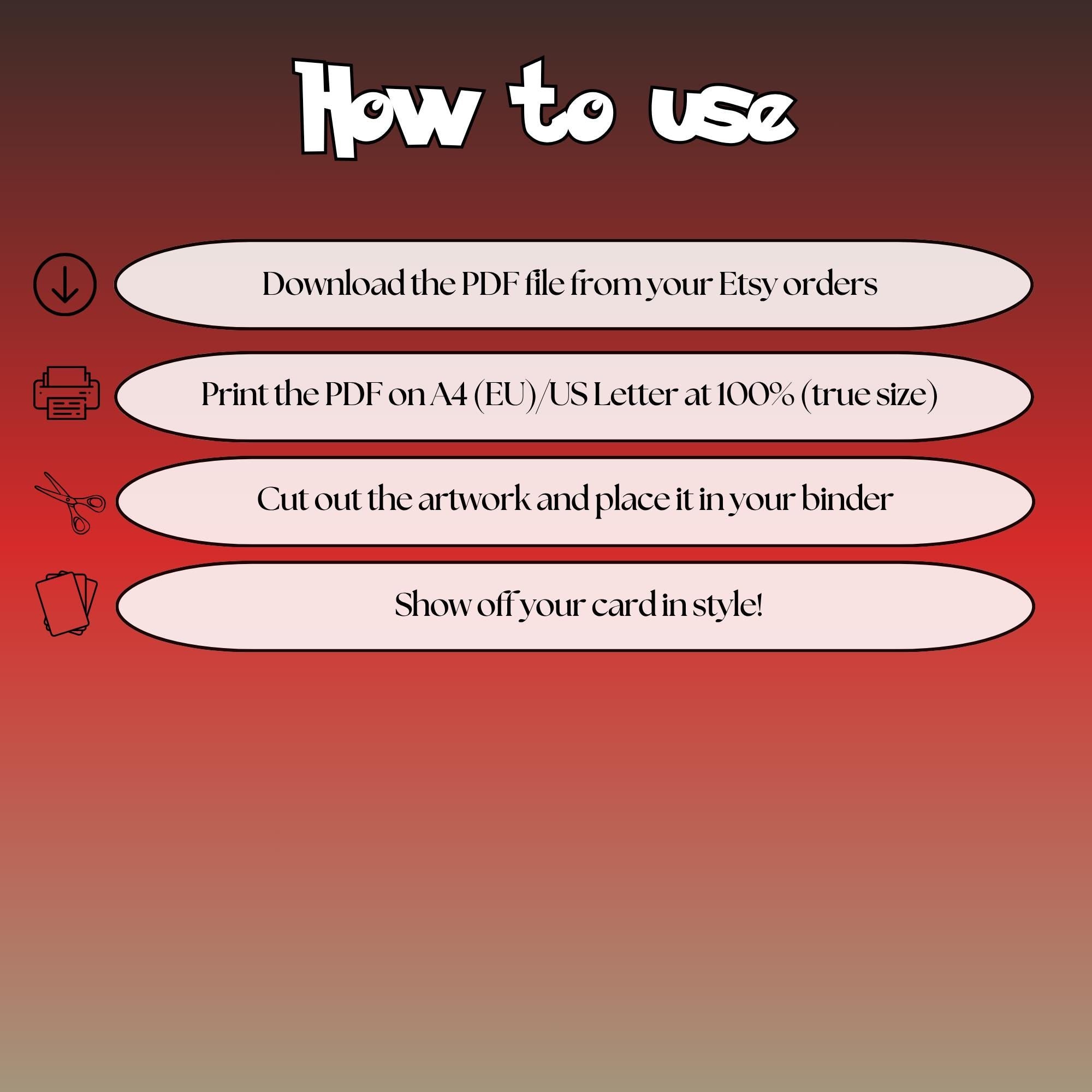 How to use instructions for printable Scizor extended binder art, showing steps for downloading, printing, cutting and inserting the artwork to your binder.