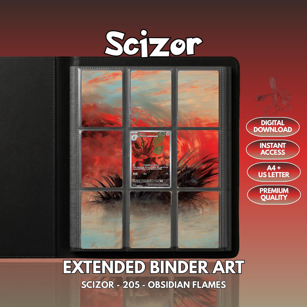 Extended binder art cover featuring Scizor Card in a 3×3 binder layout, with framed artwork accents and digital download labels.