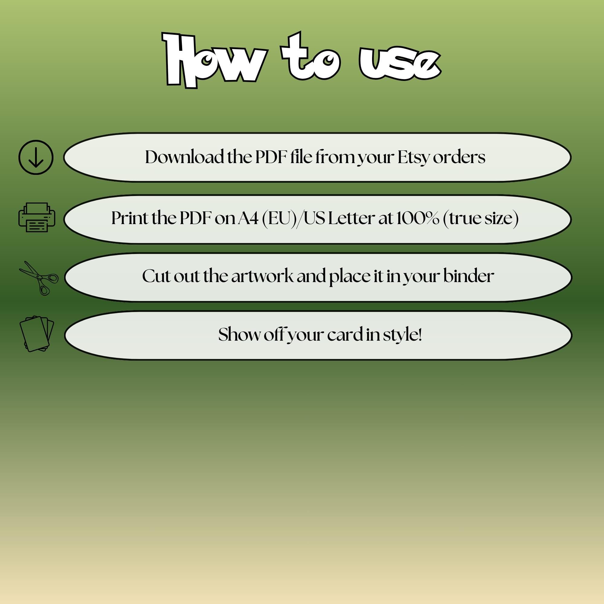 How to use instructions for printable Tyranitar extended binder art, showing steps for downloading, printing, cutting and inserting the artwork to your binder.