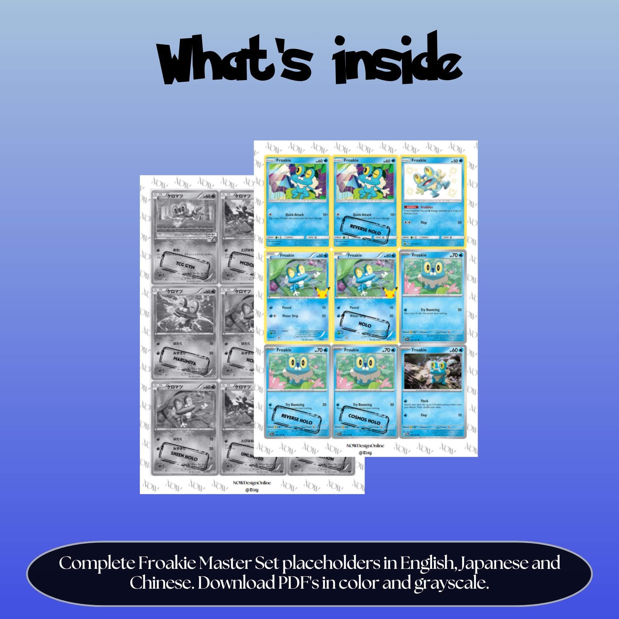 Froakie binder pages set overview showing the included Pokémon cards to print and cut for your binder sleeves.