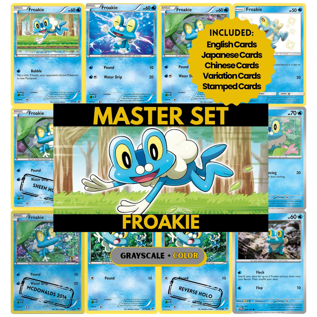 Froakie binder pages set showing grayscale and color Pokémon cards, designed as a digital download to complete a collector’s binder.