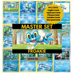 Froakie binder pages set showing grayscale and color Pokémon cards, designed as a digital download to complete a collector’s binder.