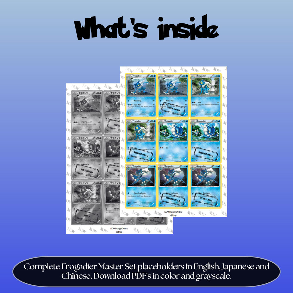 Frogadier binder pages set overview showing the included Pokémon cards to print and cut for your binder sleeves.