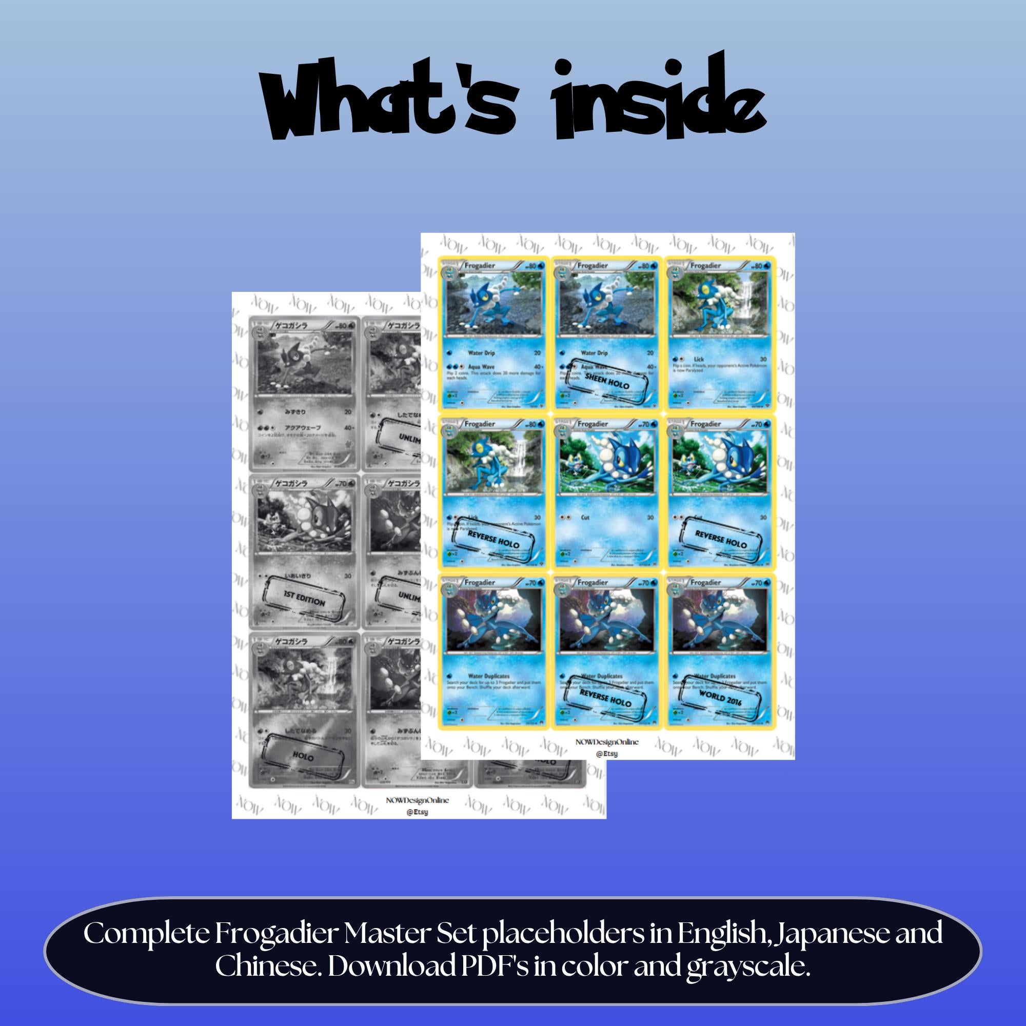 Frogadier binder pages set overview showing the included Pokémon cards to print and cut for your binder sleeves.