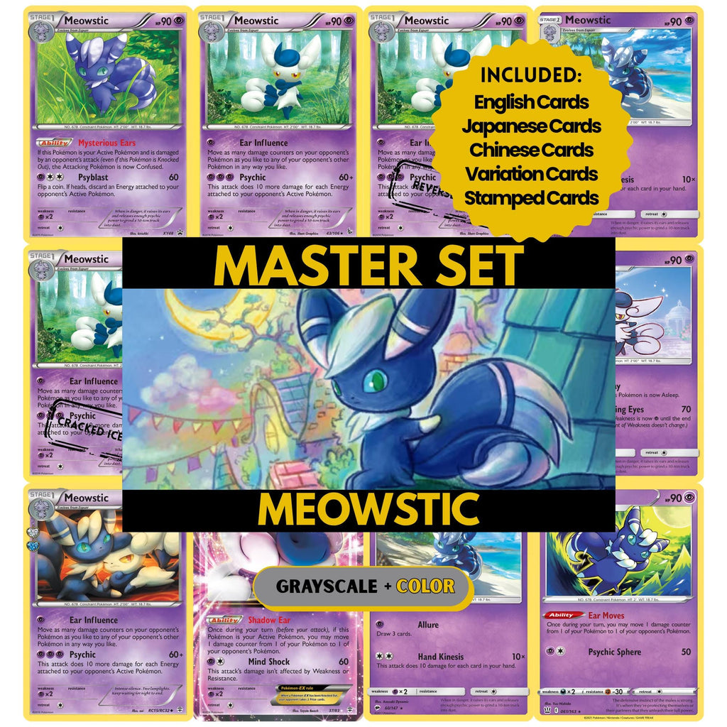 Meowstic binder pages set showing grayscale and color Pokémon cards, designed as a digital download to complete a collector’s binder.