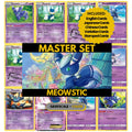 Meowstic binder pages set showing grayscale and color Pokémon cards, designed as a digital download to complete a collector’s binder.