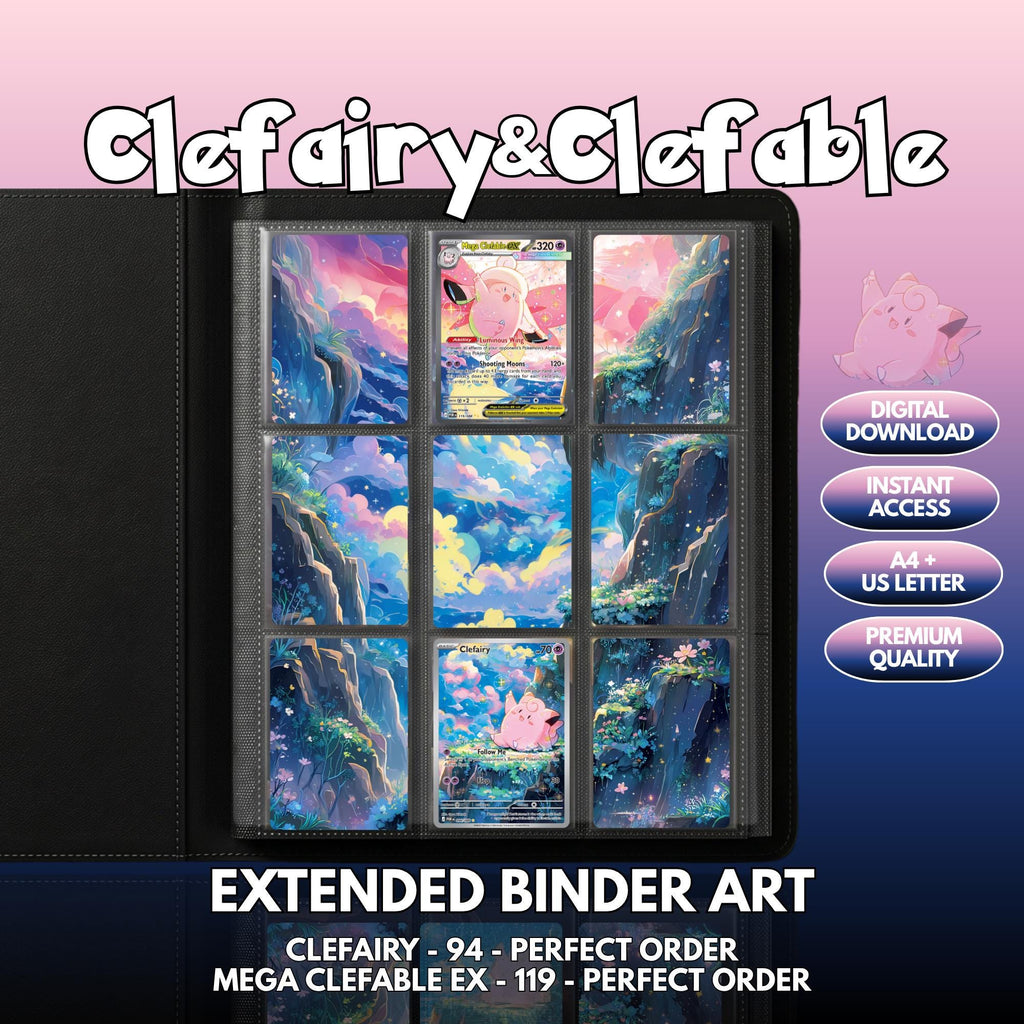 Extended binder art cover featuring Clefairy and Clefable Card in a 3×3 binder layout, with framed artwork accents and digital download labels.
