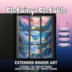 Extended binder art cover featuring Clefairy and Clefable Card in a 3×3 binder layout, with framed artwork accents and digital download labels.