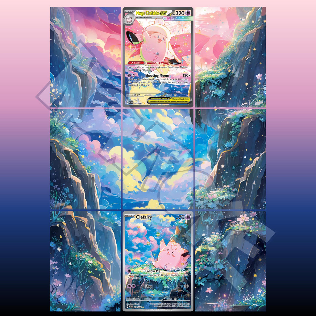 Clefairy and Clefable card displayed in extended binder artwork, styled as premium extended binder art for Pokémon collectors. Shows what you will receive as a PDF to download and print.