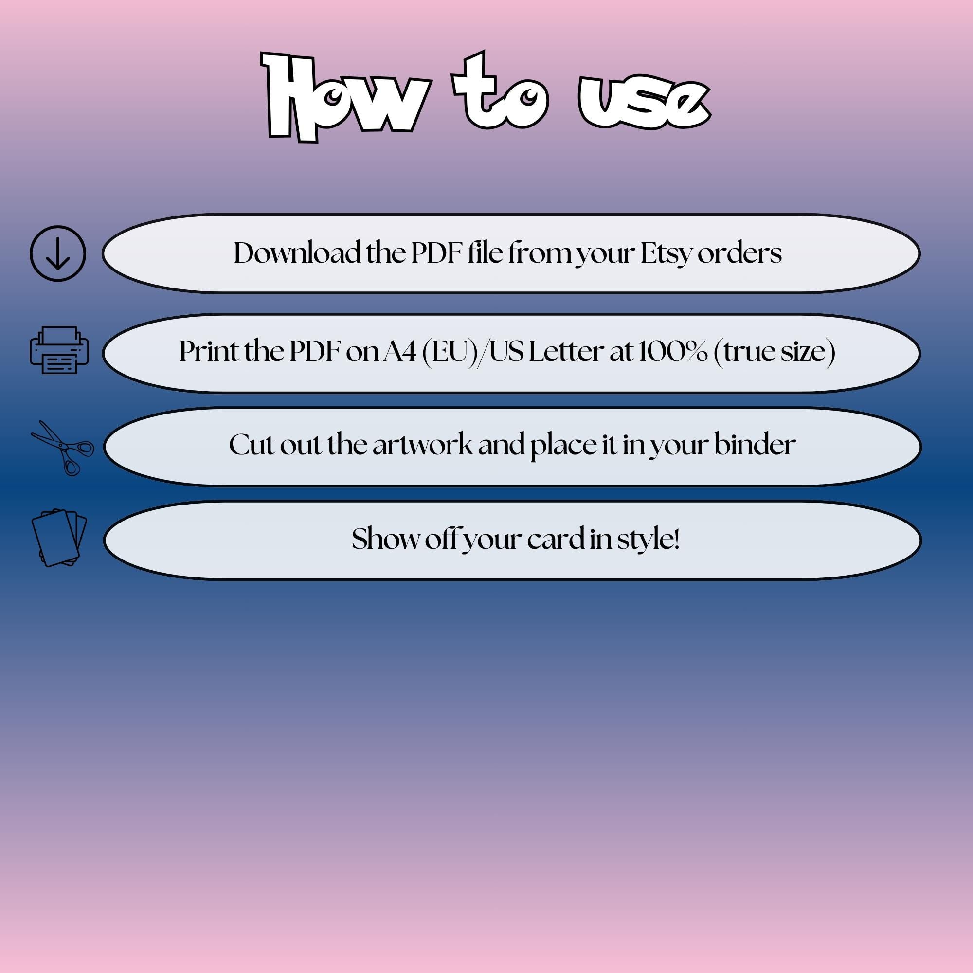 How to use instructions for printable Clefairy extended binder art, showing steps for downloading, printing, cutting and inserting the artwork to your binder.