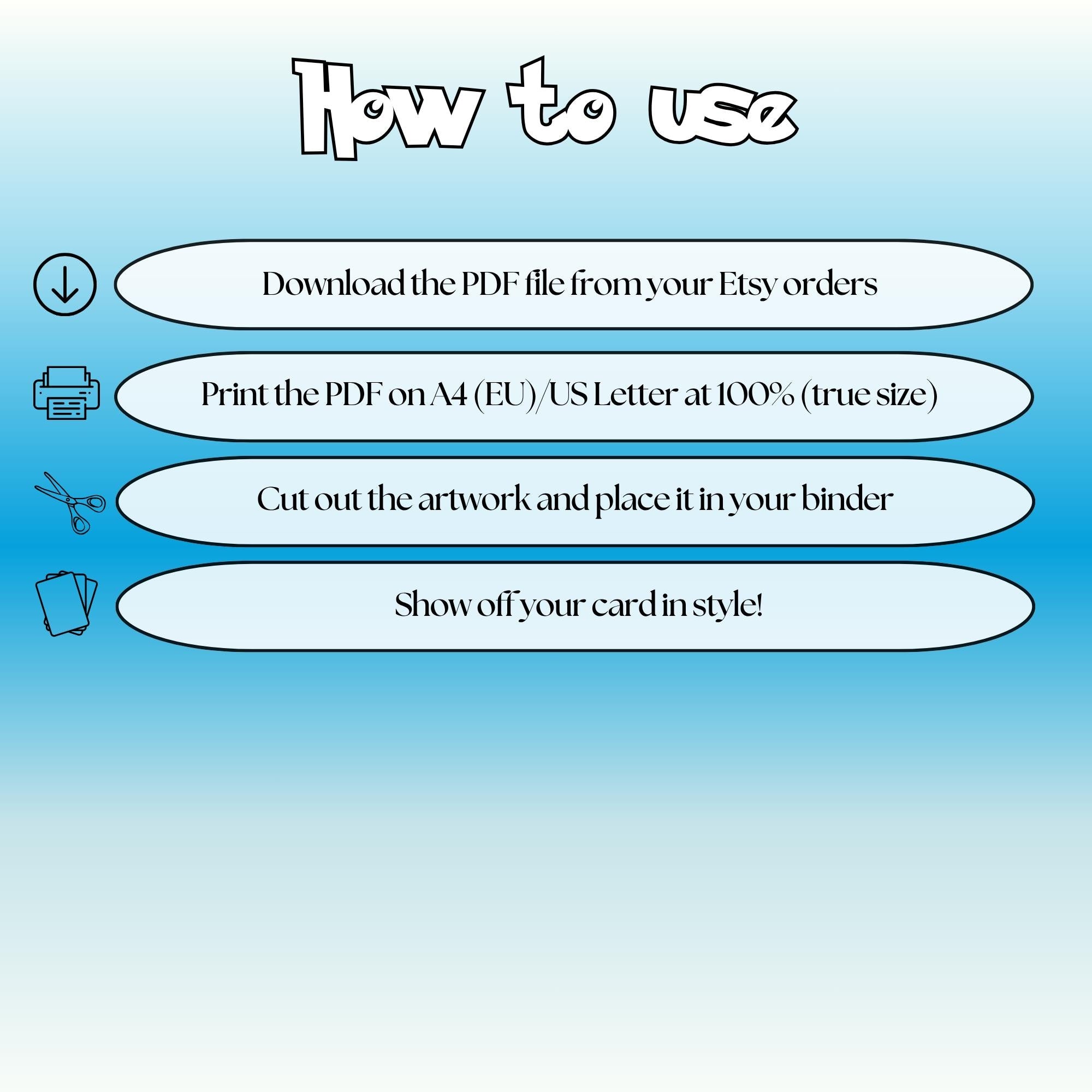 How to use instructions for printable Piplup extended binder art, showing steps for downloading, printing, cutting and inserting the artwork to your binder.
