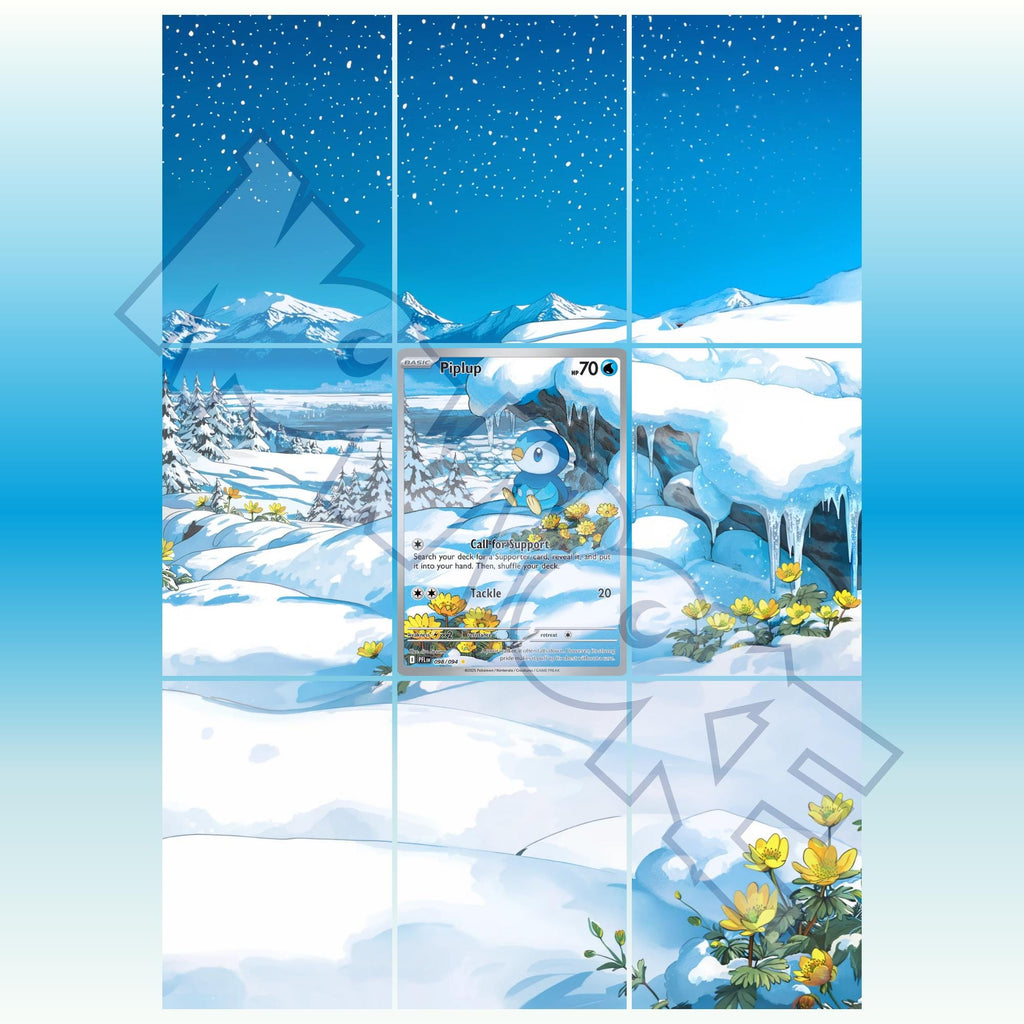 Piplup card displayed in extended binder artwork, styled as premium extended binder art for Pokémon collectors. Shows what you will receive as a PDF to download and print.