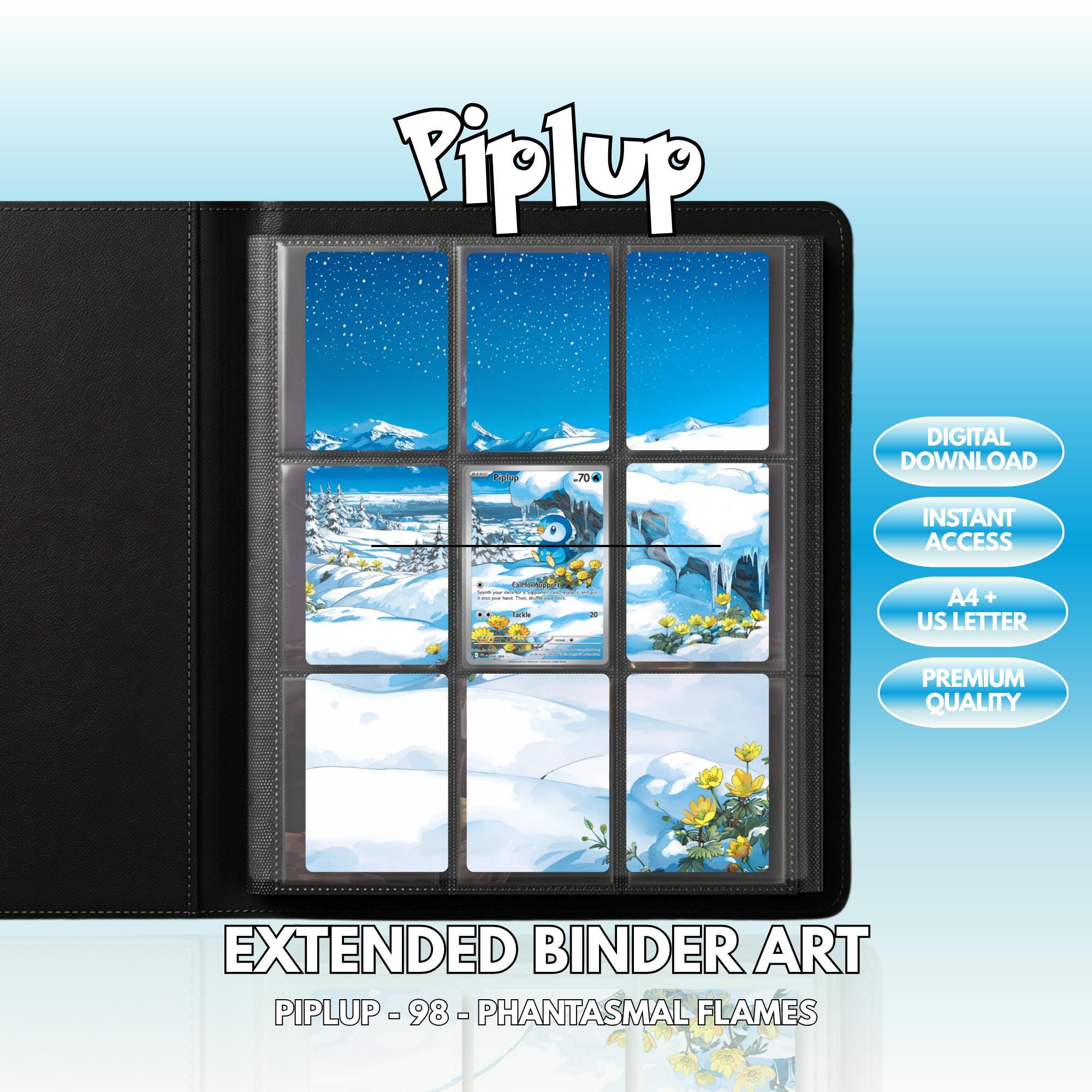 Extended binder art cover featuring Piplup Card in a 3×3 binder layout, with framed artwork accents and digital download labels.
