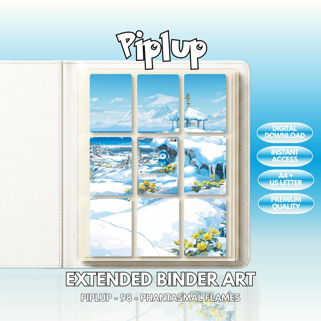 Extended binder art cover featuring Piplup Card in a 3×3 binder layout, with framed artwork accents and digital download labels.