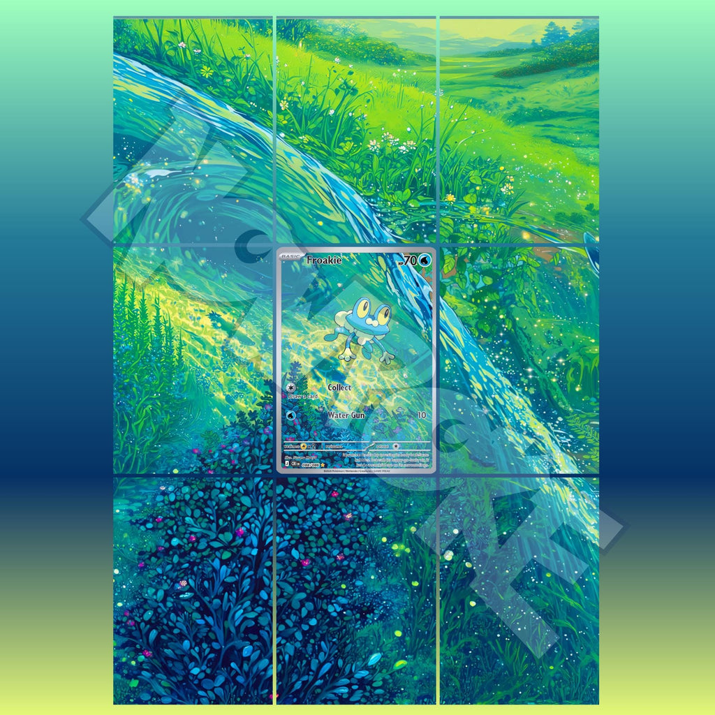 Froakie card displayed in extended binder artwork, styled as premium extended binder art for Pokémon collectors. Shows what you will receive as a PDF to download and print.