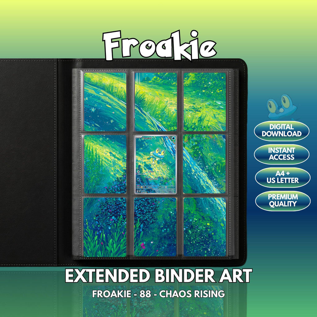 Extended binder art cover featuring Froakie Card in a 3×3 binder layout, with framed artwork accents and digital download labels.