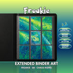 Extended binder art cover featuring Froakie Card in a 3×3 binder layout, with framed artwork accents and digital download labels.