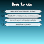 How to use instructions for printable Misty’s Psyduck extended binder art, showing steps for downloading, printing, cutting and inserting the artwork to your binder.