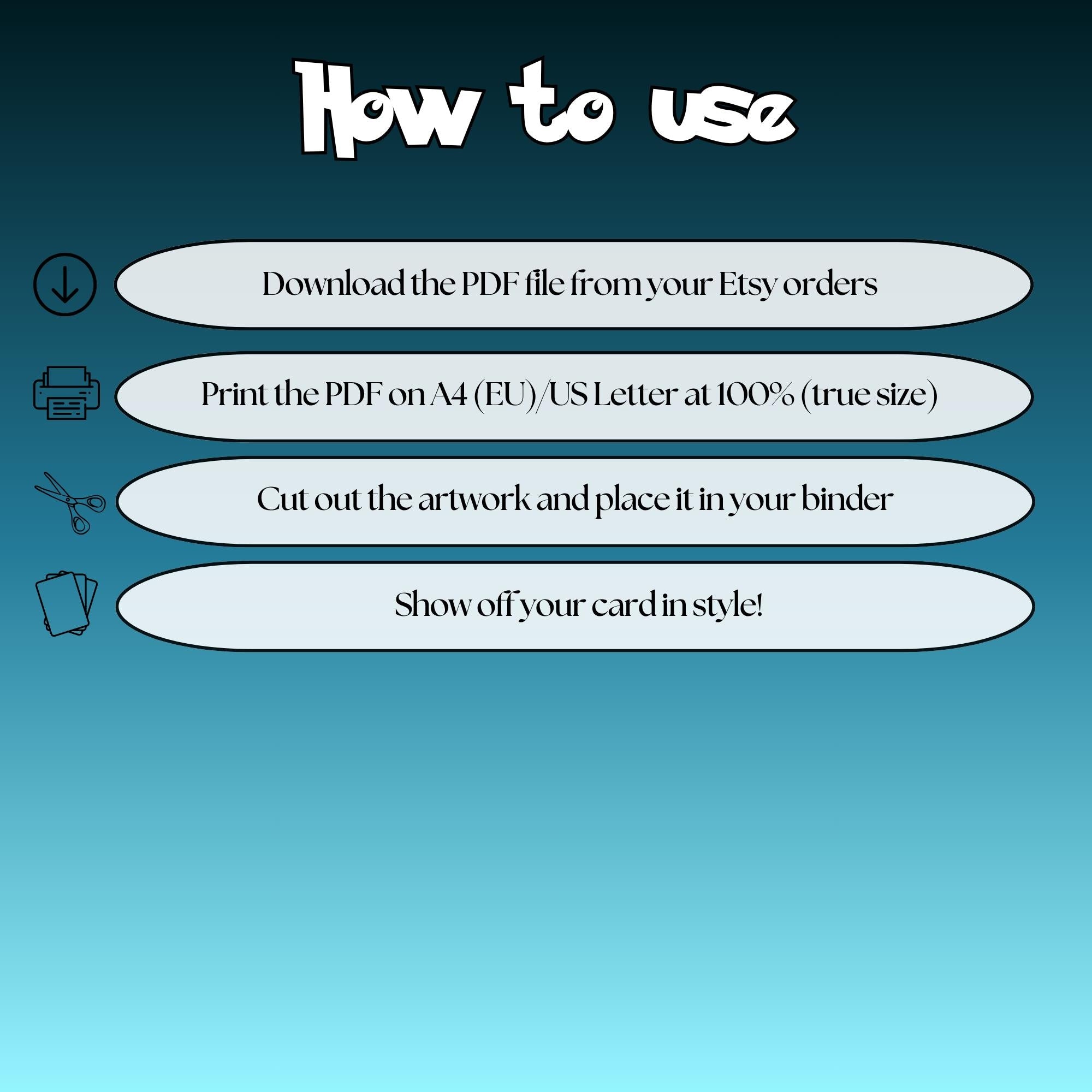 How to use instructions for printable Misty’s Psyduck extended binder art, showing steps for downloading, printing, cutting and inserting the artwork to your binder.