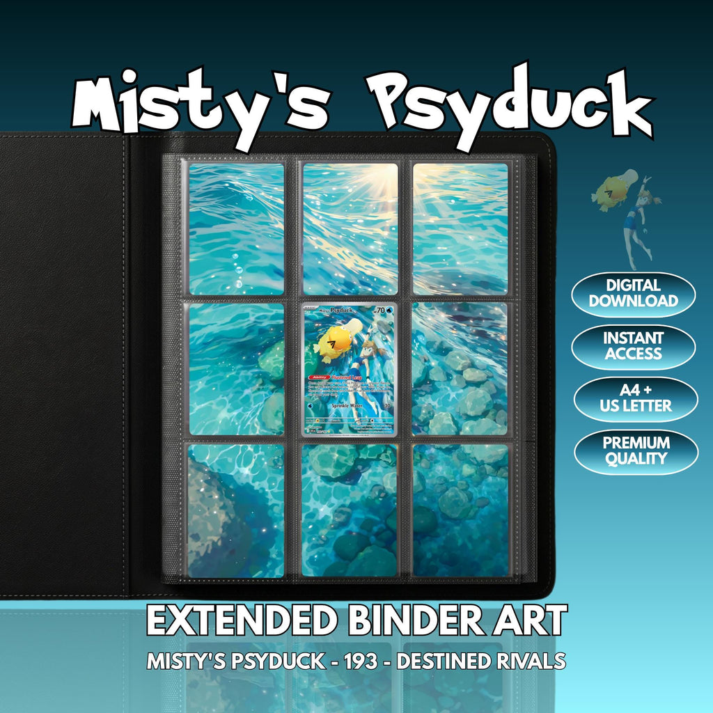 Extended binder art cover featuring Misty’s Psyduck Card in a 3×3 binder layout, with framed artwork accents and digital download labels.