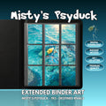 Extended binder art cover featuring Misty’s Psyduck Card in a 3×3 binder layout, with framed artwork accents and digital download labels.