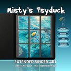 Extended binder art cover featuring Misty’s Psyduck Card in a 3×3 binder layout, with framed artwork accents and digital download labels.